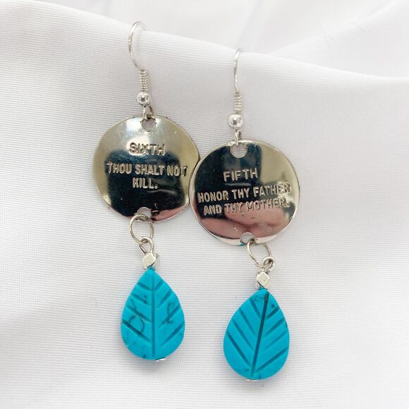 Handmade Upcycled Silver Religious Charm with Turquoise Leaf Dangle Earrings - Picture 1 of 3